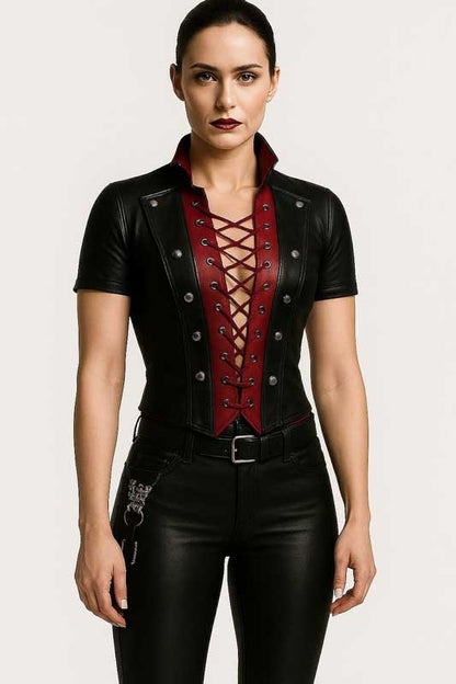 Womens Black Red Leather Corset Top Lace Up Shirt