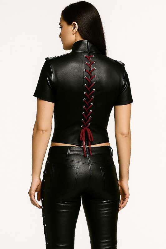 Womens Black Red Leather Corset Top Lace Up Shirt