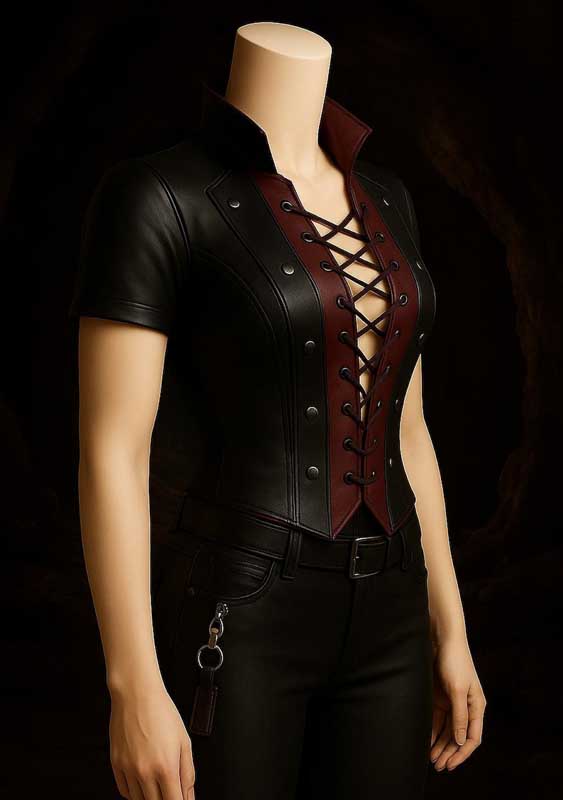 Womens Black Red Leather Corset Top Lace Up Shirt