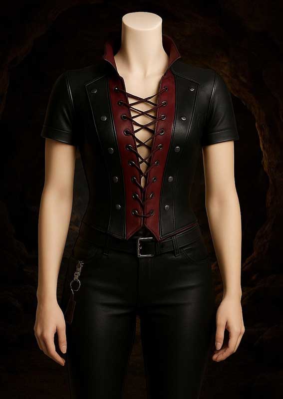 Womens Black Red Leather Corset Top Lace Up Shirt