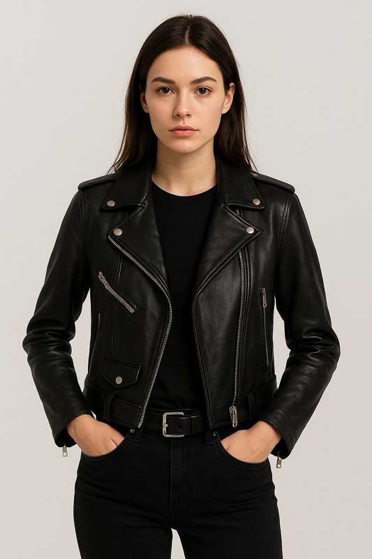 Womens Distressed Black Leather Biker Motorcycle Jacket