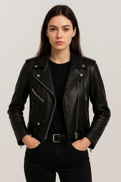 Womens Distressed Black Leather Biker Motorcycle Jacket