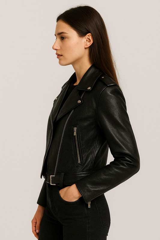 Womens Distressed Black Leather Biker Motorcycle Jacket