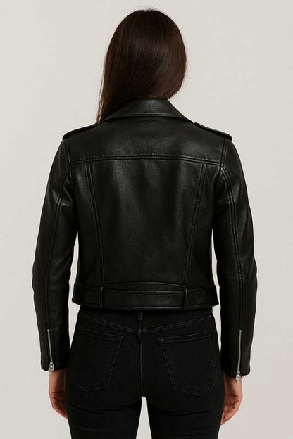 Womens Distressed Black Leather Biker Motorcycle Jacket