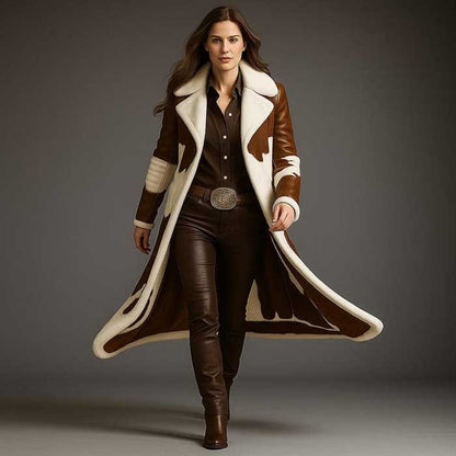Womens Hair On Cowhide Leather Trench Coat Western Duster