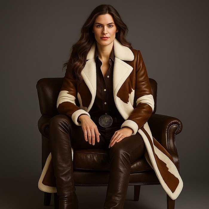 Womens Hair On Cowhide Leather Trench Coat Western Duster