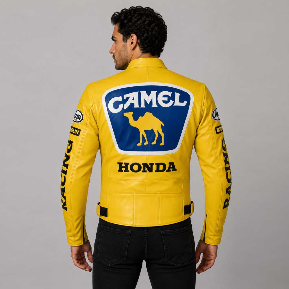 Mens Honda Camel Racing Motorcycle Yellow Leather Jacket