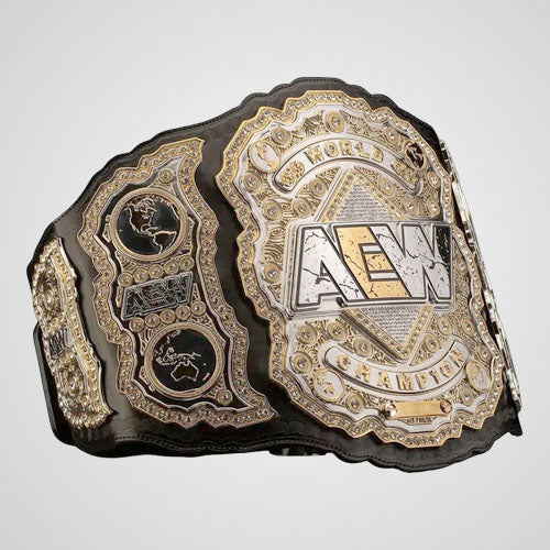 AEW wrestling championship belt replica with gold and silver plate design