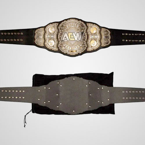 AEW World title belt replica showing raised logo and etched details