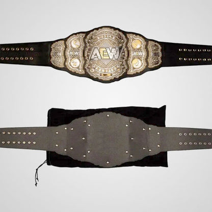 AEW World title belt replica showing raised logo and etched details