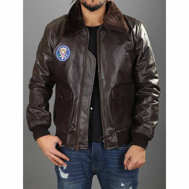 Men's Brown Sheepskin Air Force One Inspired A2 Flight Jacket with Shearling Collar