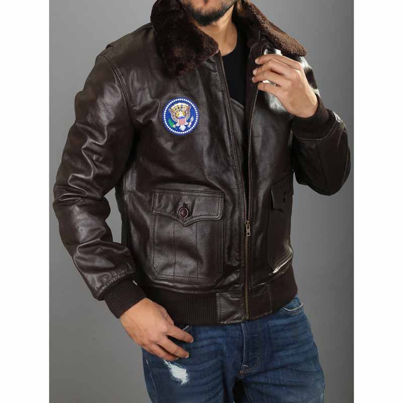 Men's Brown Sheepskin Air Force One Inspired A2 Flight Jacket with Shearling Collar