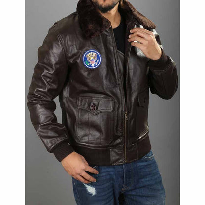 Men's Brown Sheepskin Air Force One Inspired A2 Flight Jacket with Shearling Collar