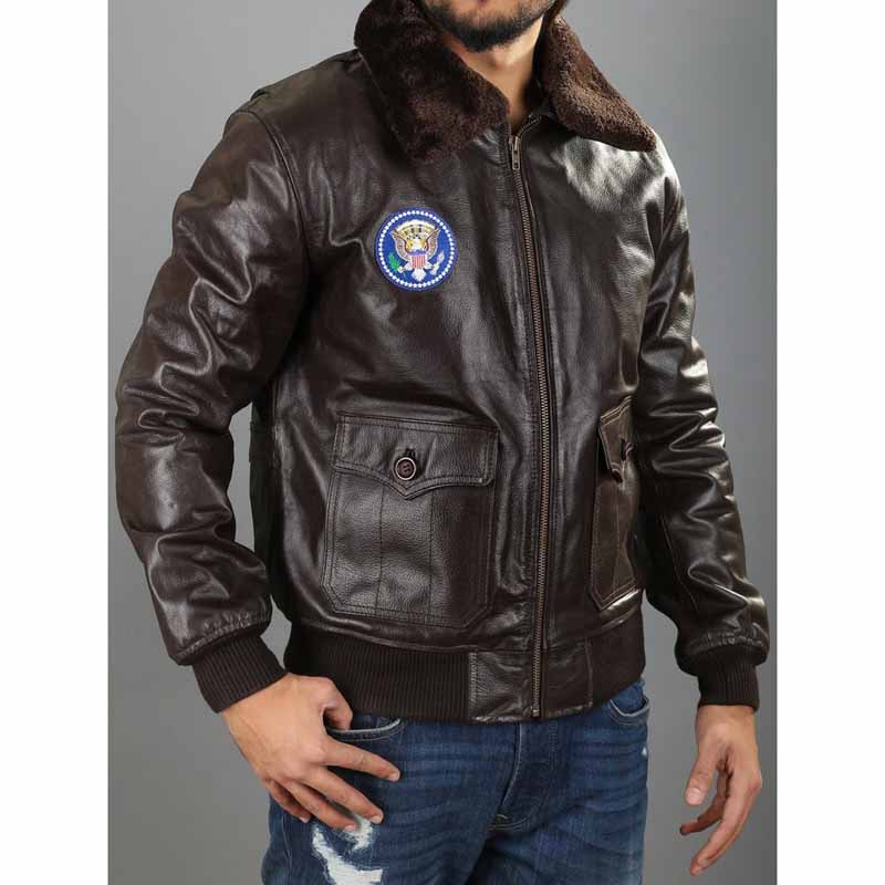Men's Brown Sheepskin Air Force One Inspired A2 Flight Jacket with Shearling Collar