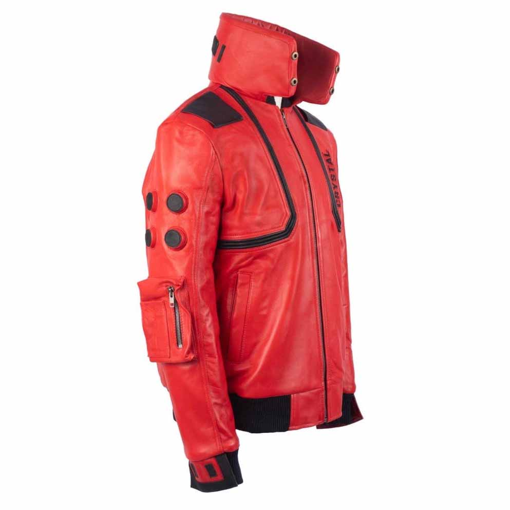 Men Red Genuine Sheepskin Leather Jacket with Akira Kaneda Capsule Biker Style
