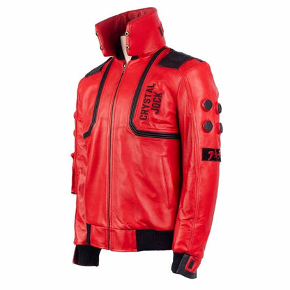 Men Red Genuine Sheepskin Leather Jacket with Akira Kaneda Capsule Biker Style