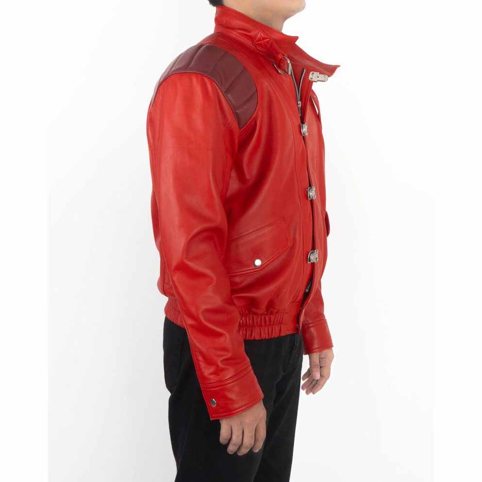 Men Red Leather Moto Jacket with Akira Kaneda Cyberpunk Anime Style