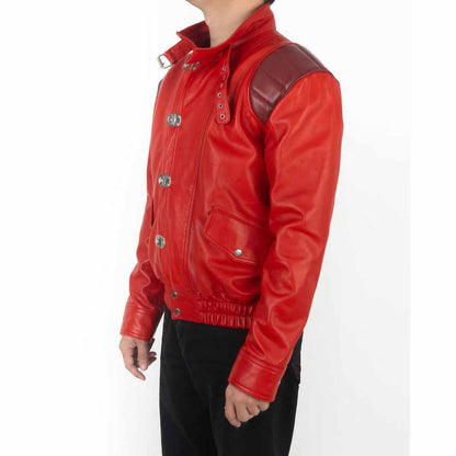 Men Red Leather Moto Jacket with Akira Kaneda Cyberpunk Anime Style