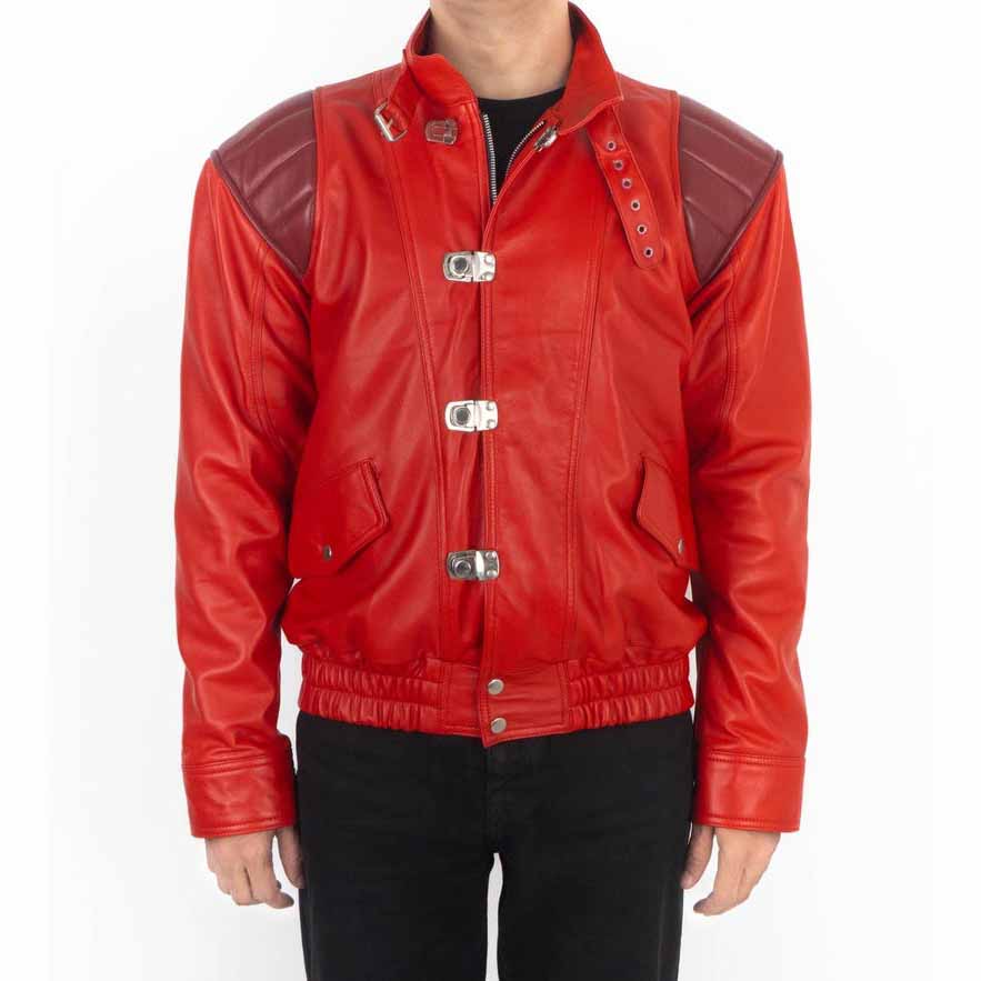 Men Red Leather Moto Jacket with Akira Kaneda Cyberpunk Anime Style
