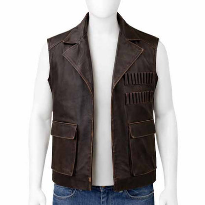 Men Brown Distressed Leather Vest with Allan Quatermain Vintage Style