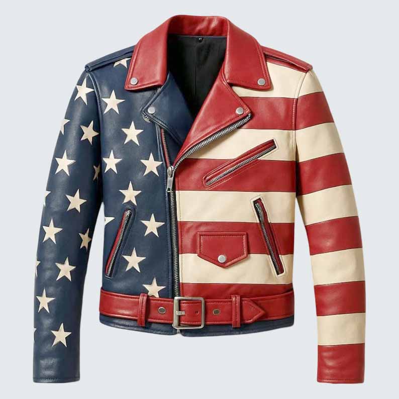 Men's American Flag Genuine Leather Biker Jacket with Stars and Stripes Design
