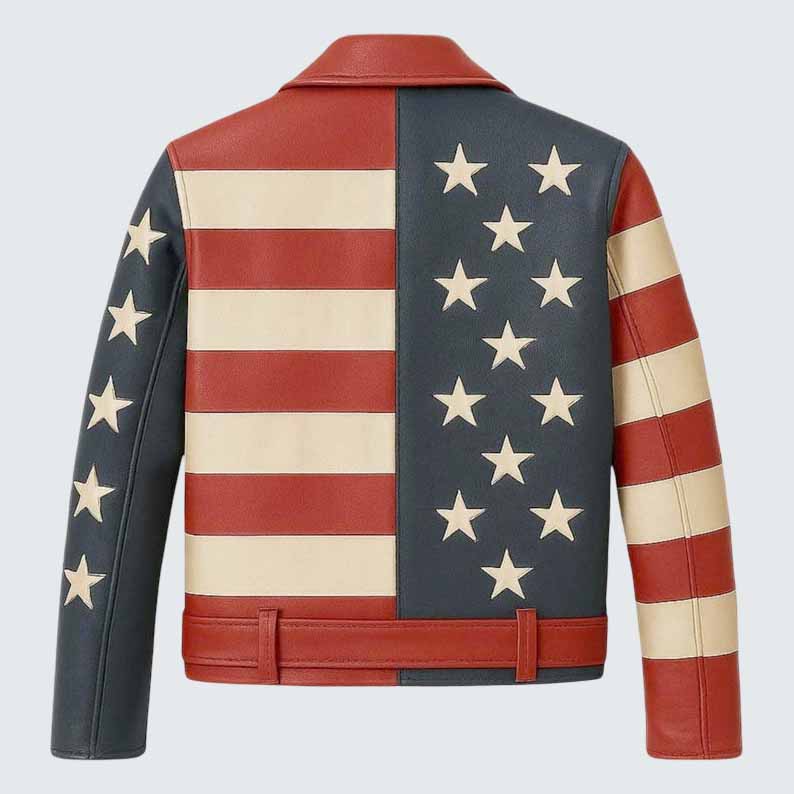 Men's American Flag Genuine Leather Biker Jacket with Stars and Stripes Design