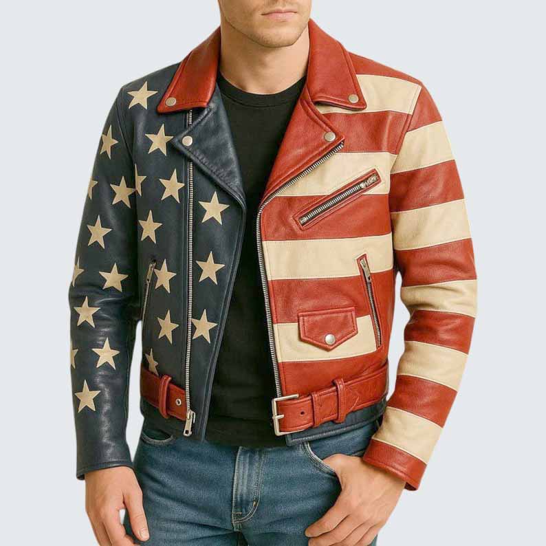 Men's American Flag Genuine Leather Biker Jacket with Stars and Stripes Design