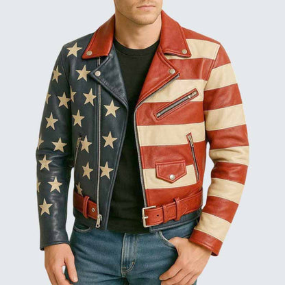 Men's American Flag Genuine Leather Biker Jacket with Stars and Stripes Design