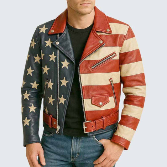 Men's American Flag Genuine Leather Biker Jacket with Stars and Stripes Design - 3amoto shop