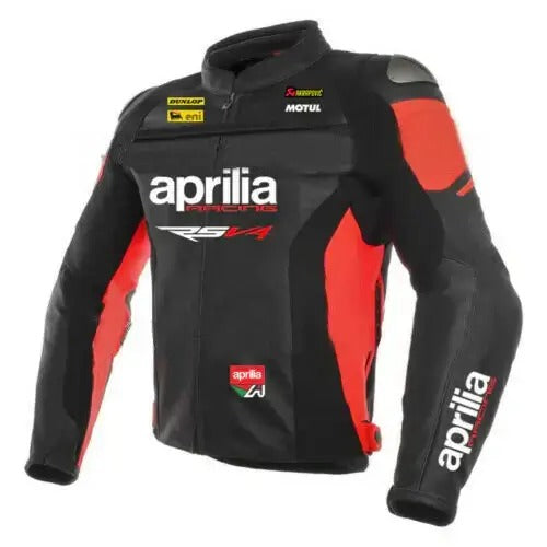Aprilia-inspired motorcycle leather biker jacket with sport racing styling