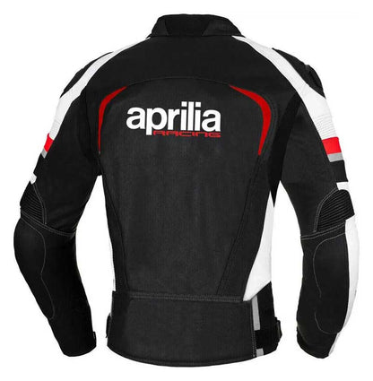 Black Aprilia Racing leather biker jacket with racing graphics