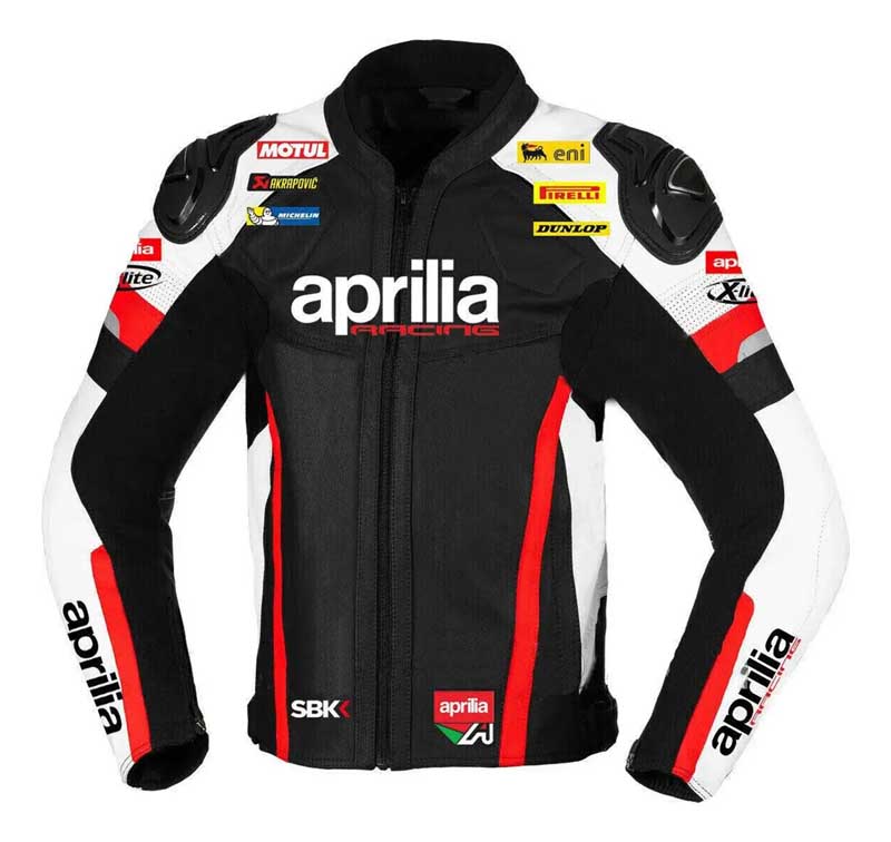Aprilia Racing cowhide leather motorcycle jacket front view