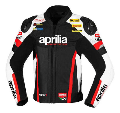 Aprilia Racing cowhide leather motorcycle jacket front view
