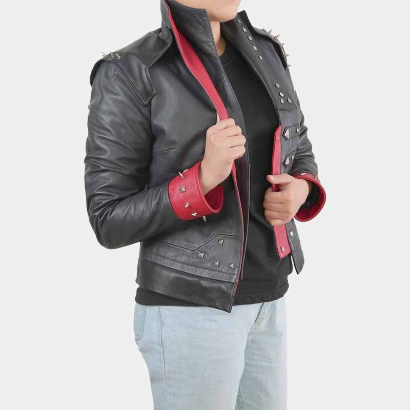 Premium black and red Vi cosplay leather jacket crafted from real sheepskin