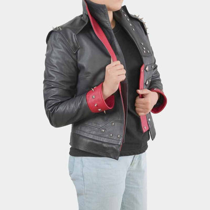 Premium black and red Vi cosplay leather jacket crafted from real sheepskin