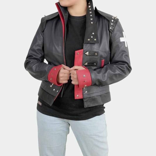 Men and Women Arcane Fighter Vi black and red sheepskin leather cosplay jacket front view - 3amoto shop