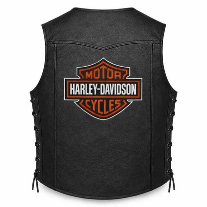 Men's Black Genuine Leather Harley Davidson Motorcycle Vest with Adjustable Lace Sides