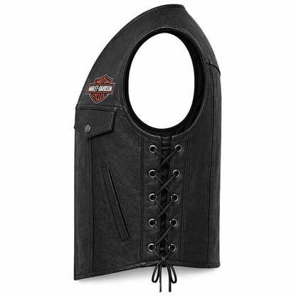 Men's Black Genuine Leather Harley Davidson Motorcycle Vest with Adjustable Lace Sides