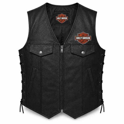 Men's Black Genuine Leather Harley Davidson Motorcycle Vest with Adjustable Lace Sides
