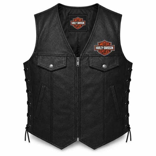 Men's Black Genuine Leather Harley Davidson Motorcycle Vest with Adjustable Lace Sides - 3amoto shop