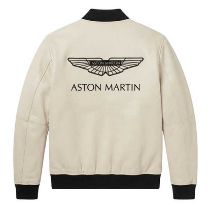Handmade cream leather Aston Martin racing bomber jacket