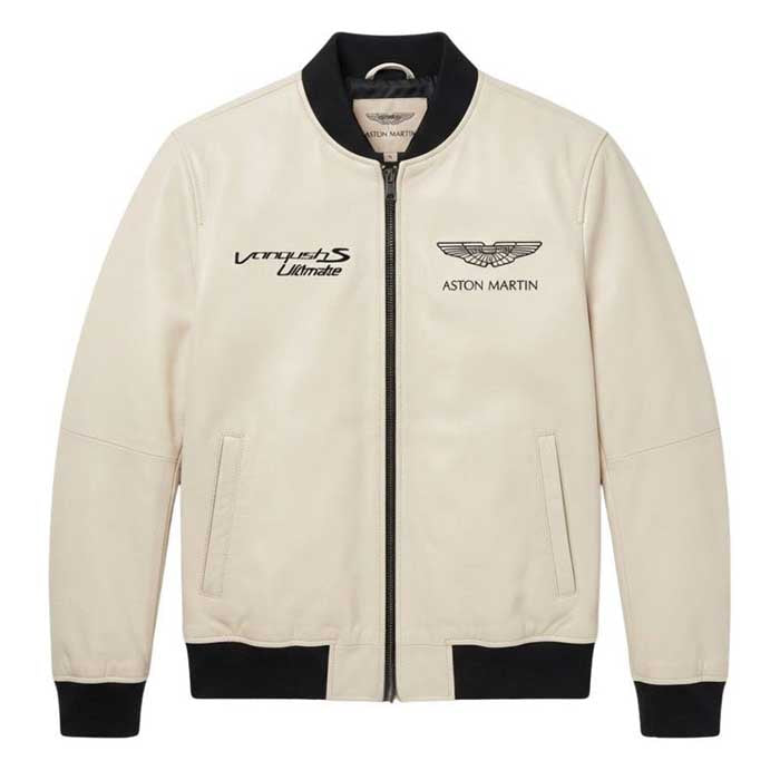 Aston Martin cream leather bomber jacket with racing graphics