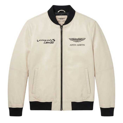 Aston Martin cream leather bomber jacket with racing graphics