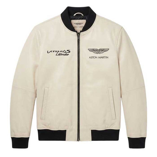 Aston Martin cream leather bomber jacket with racing graphics - 3amoto shop