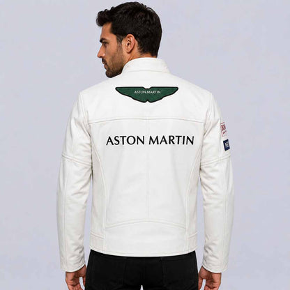 White cafe racer leather jacket with racing embroidered design