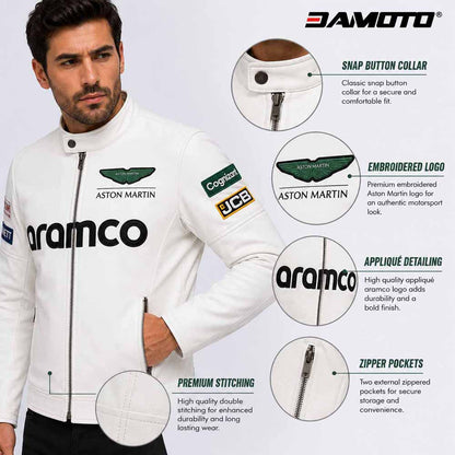 Premium white leather biker jacket with YKK zipper closure