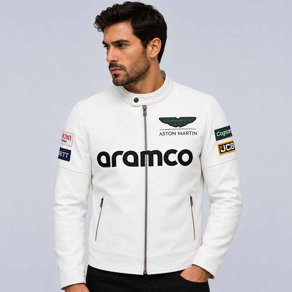 Aston Martin inspired men's white genuine leather motorsport jacket