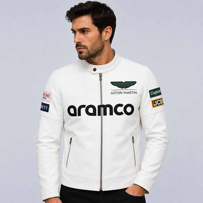 Aston Martin inspired men's white genuine leather motorsport jacket