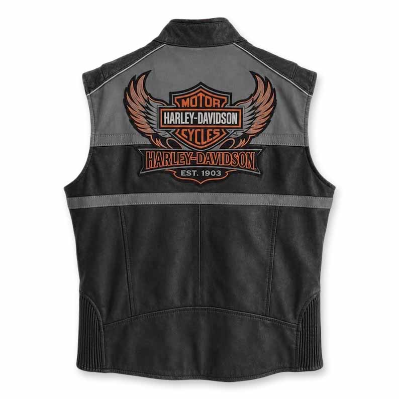 Men's Black and Gray Genuine Leather Harley Davidson Biker Vest with Side Stretch Panels