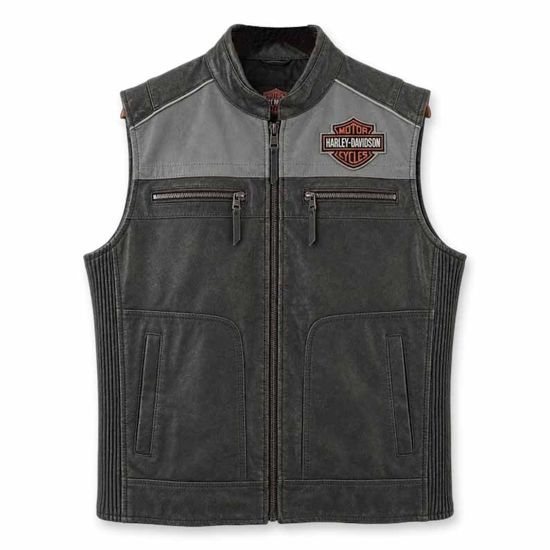 Men's Black and Gray Genuine Leather Harley Davidson Biker Vest with Side Stretch Panels
